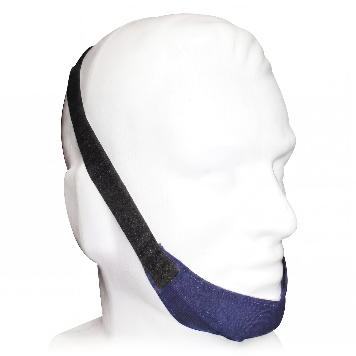 Black and blue chinstrap on a mannequin head 