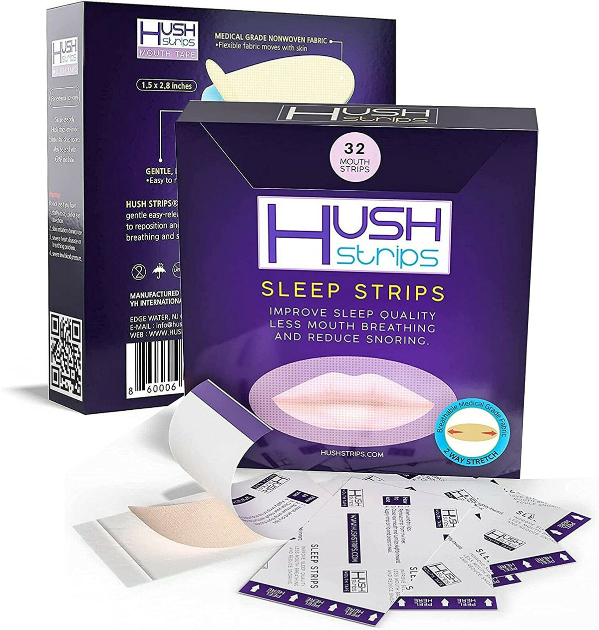 Hush Strips Sleep Strips product packaging and contents, showing the purple retail box, a partially unrolled beige strip, several individual sachets, and a second box in the background