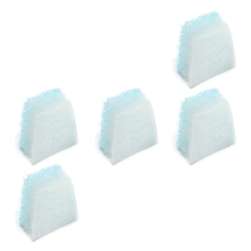 5 white triangular filters with blue edges on a white background
