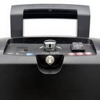 Close-up of a black air compressor with control panel and handle on a white background