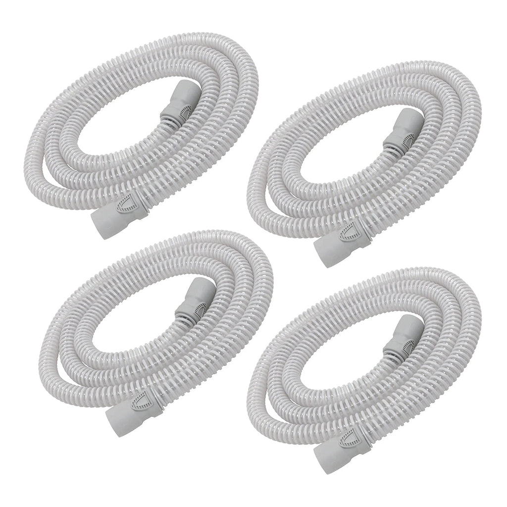 Four white hoses with gray connectors on a white background