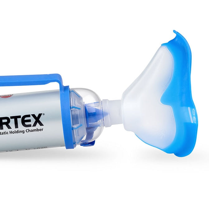 Vortex Valved Holding Chamber with Adult Mask on a white background
