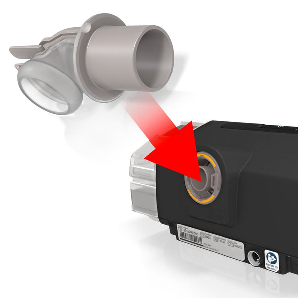 Air outlet adapter with red arrow pointing to where to insert on a CPAP Machine 