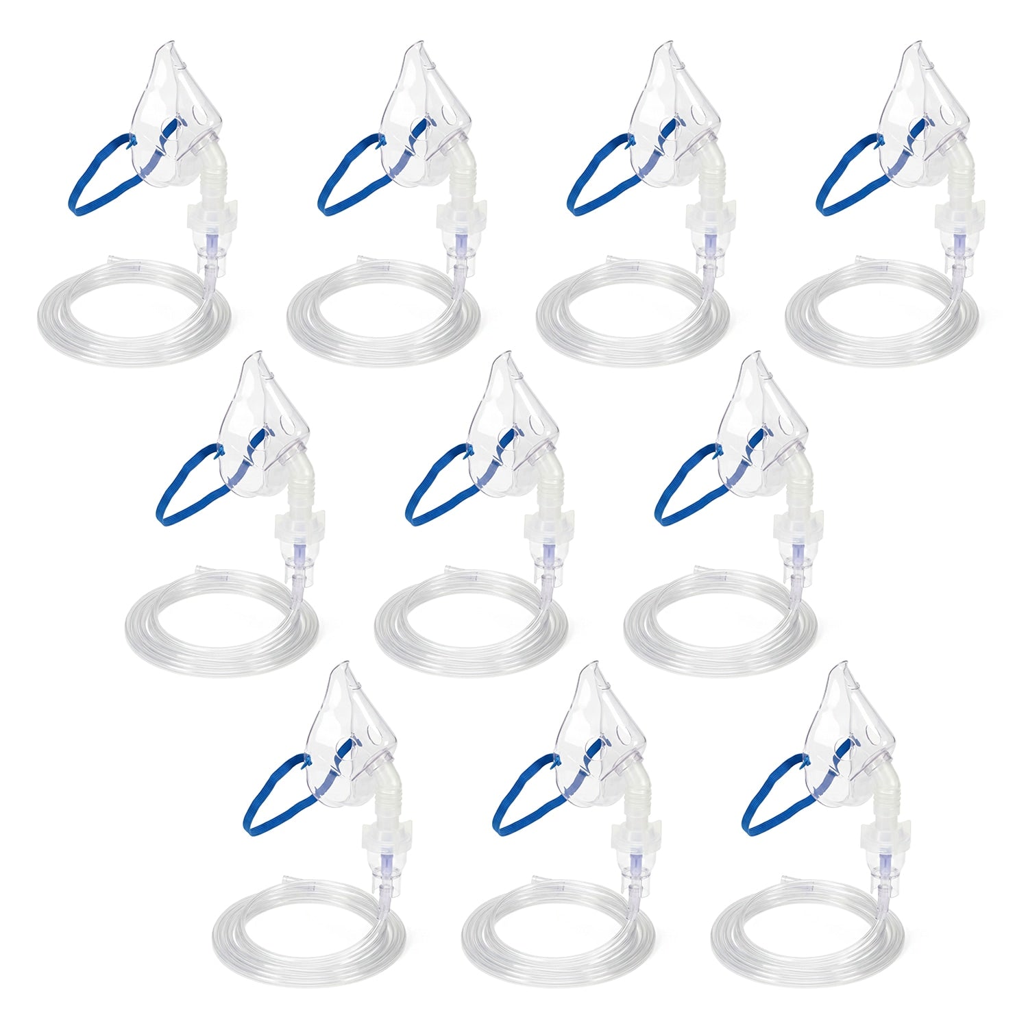 Set of ten clear nebulizer masks with blue straps on a white background