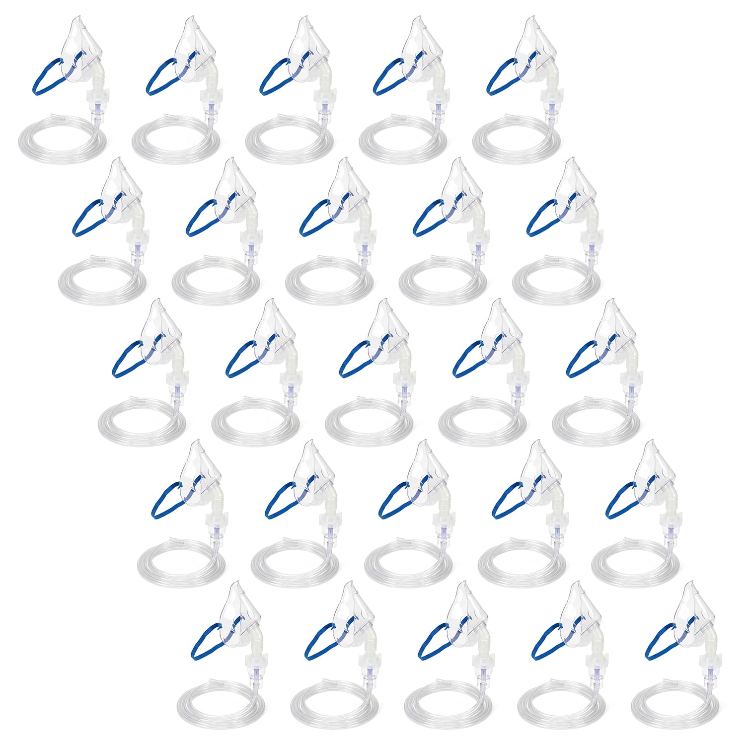Set of twenty five clear nebulizer masks with blue straps on a white background