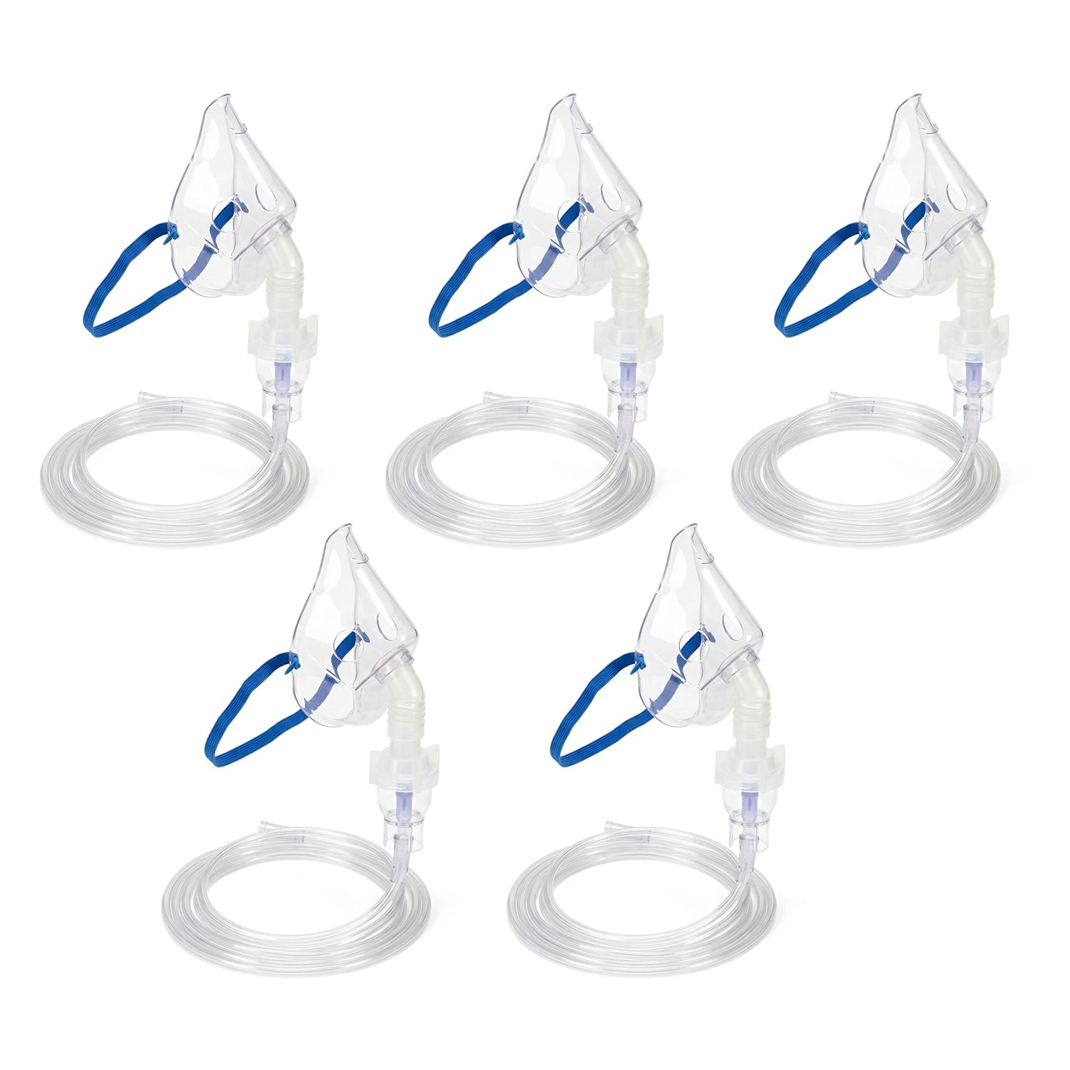 Set of five clear nebulizer masks with blue straps on a white background