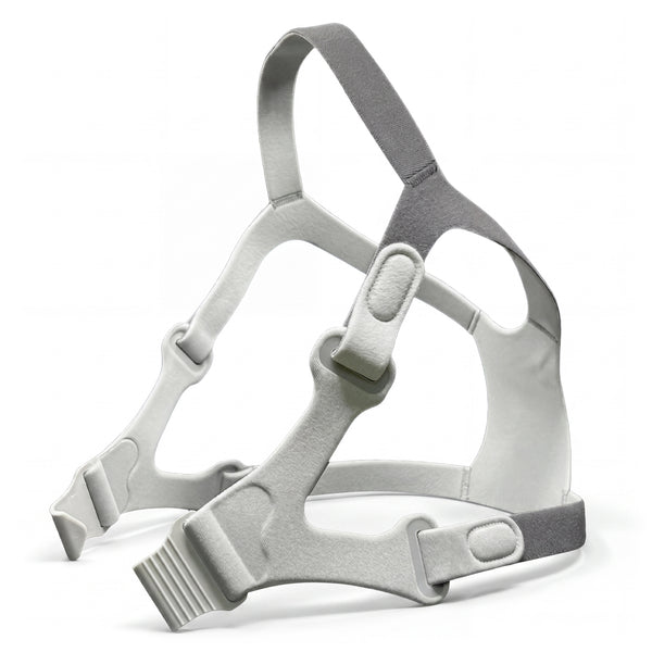 Gray CPAP headgear on a white background