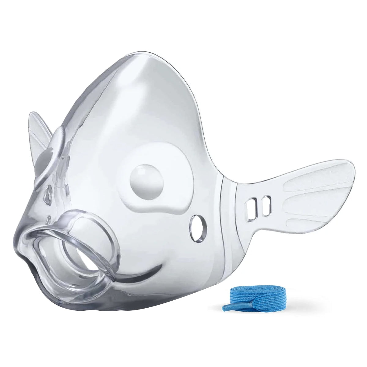 Clear fish-shaped mask with a blue strap on a white background