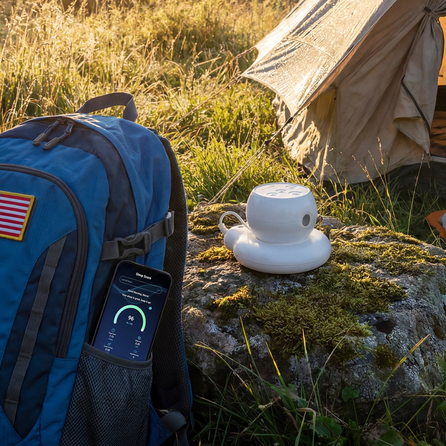 A white portable device sits on a mossy rock beside a blue backpack with a smartphone in the pocket, outdoors near a tent in a grassy field.