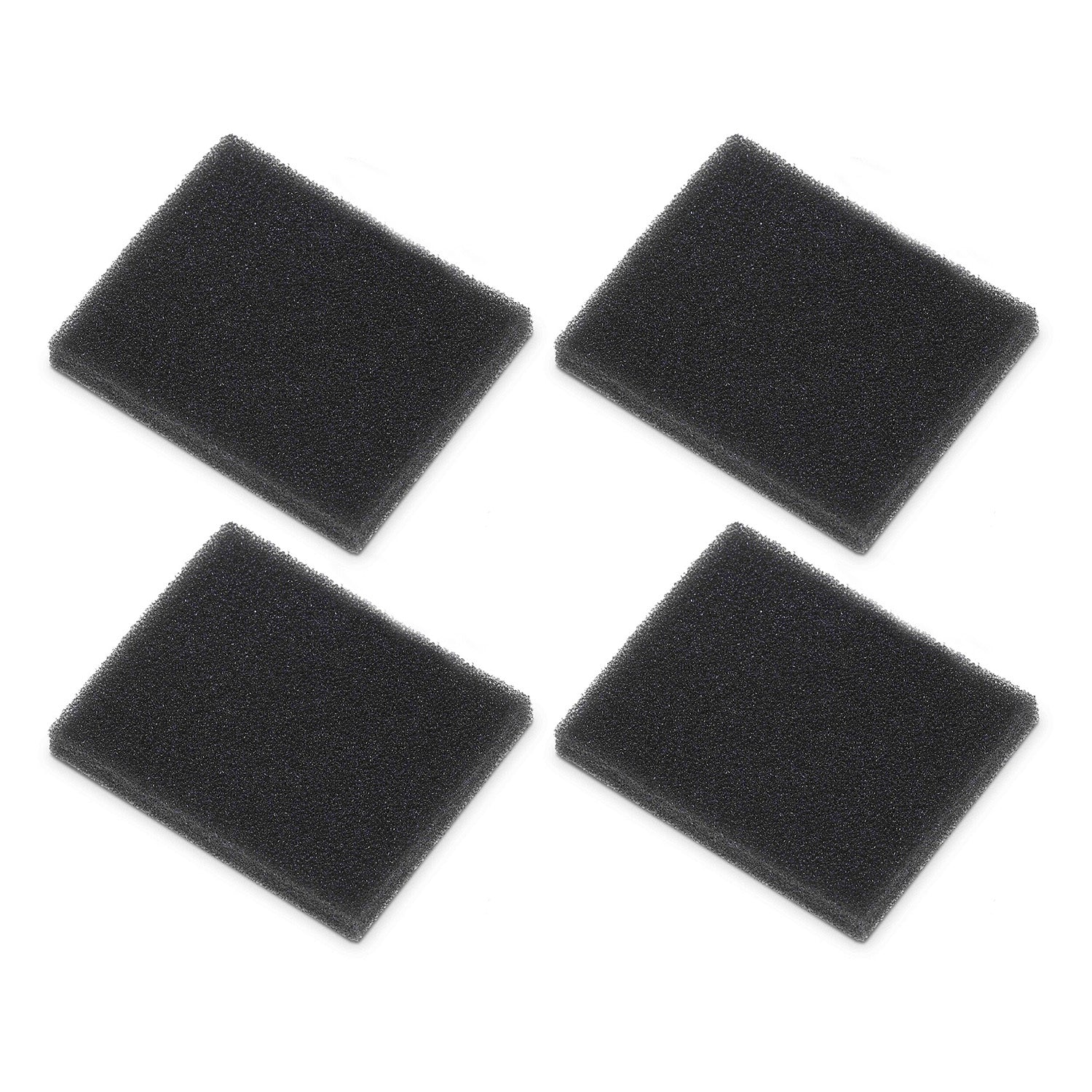 Four black square foam filters on a white background