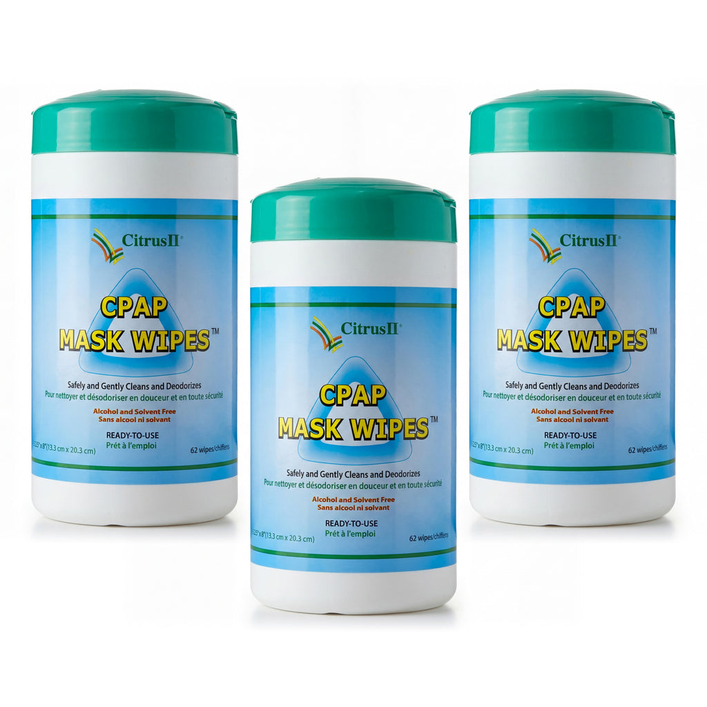 Three containers of Citrus II CPAP Mask Wipes on a white background