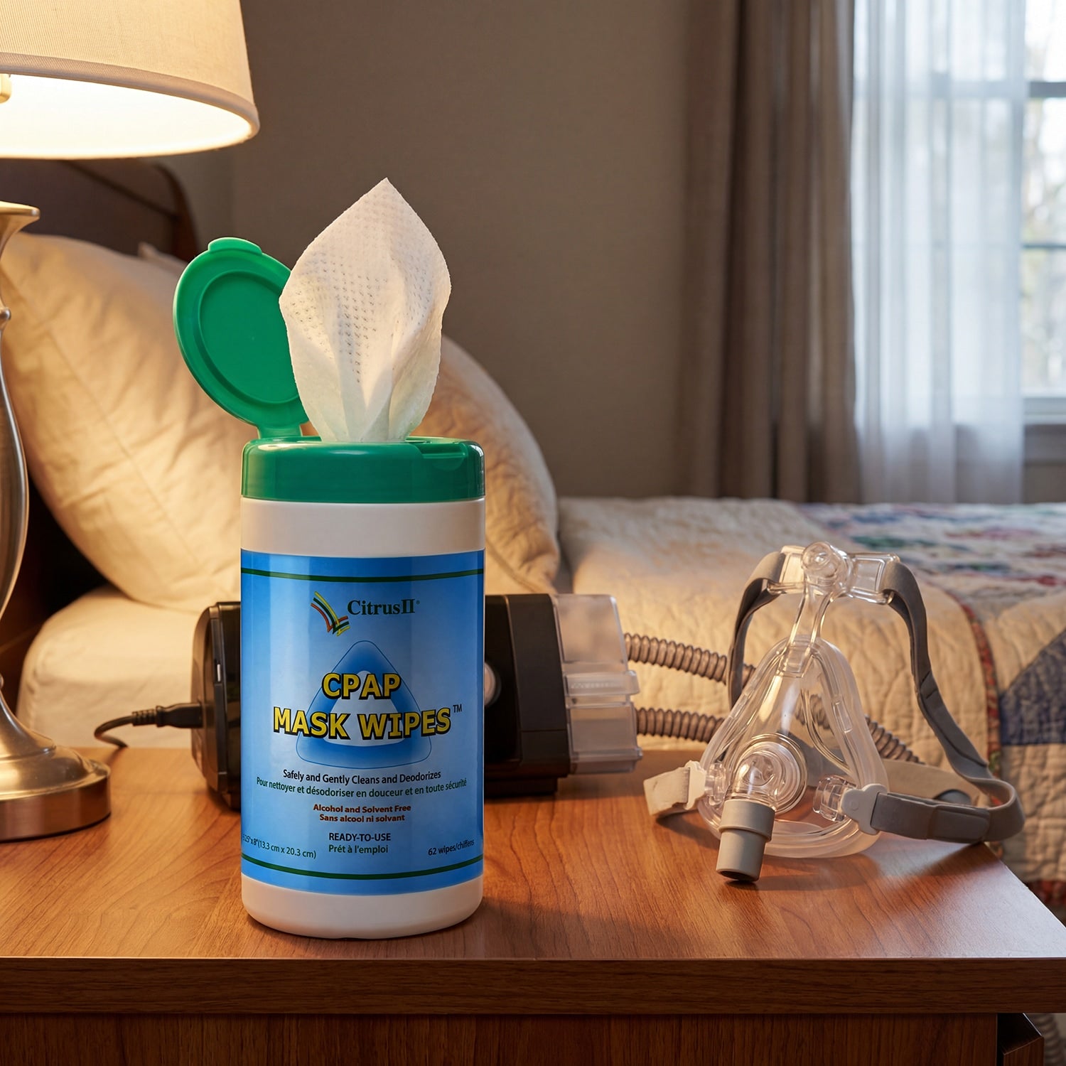 CPAP mask wipes container on a nightstand with a CPAP machine in the background.