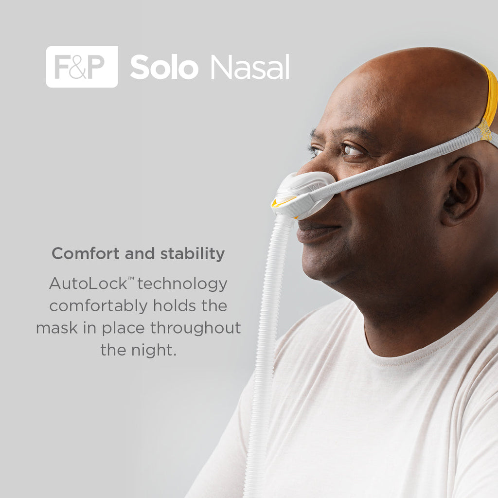 A man wearing an F&P Solo Nasal CPAP mask, shown in profile against a light gray background with product text and branding