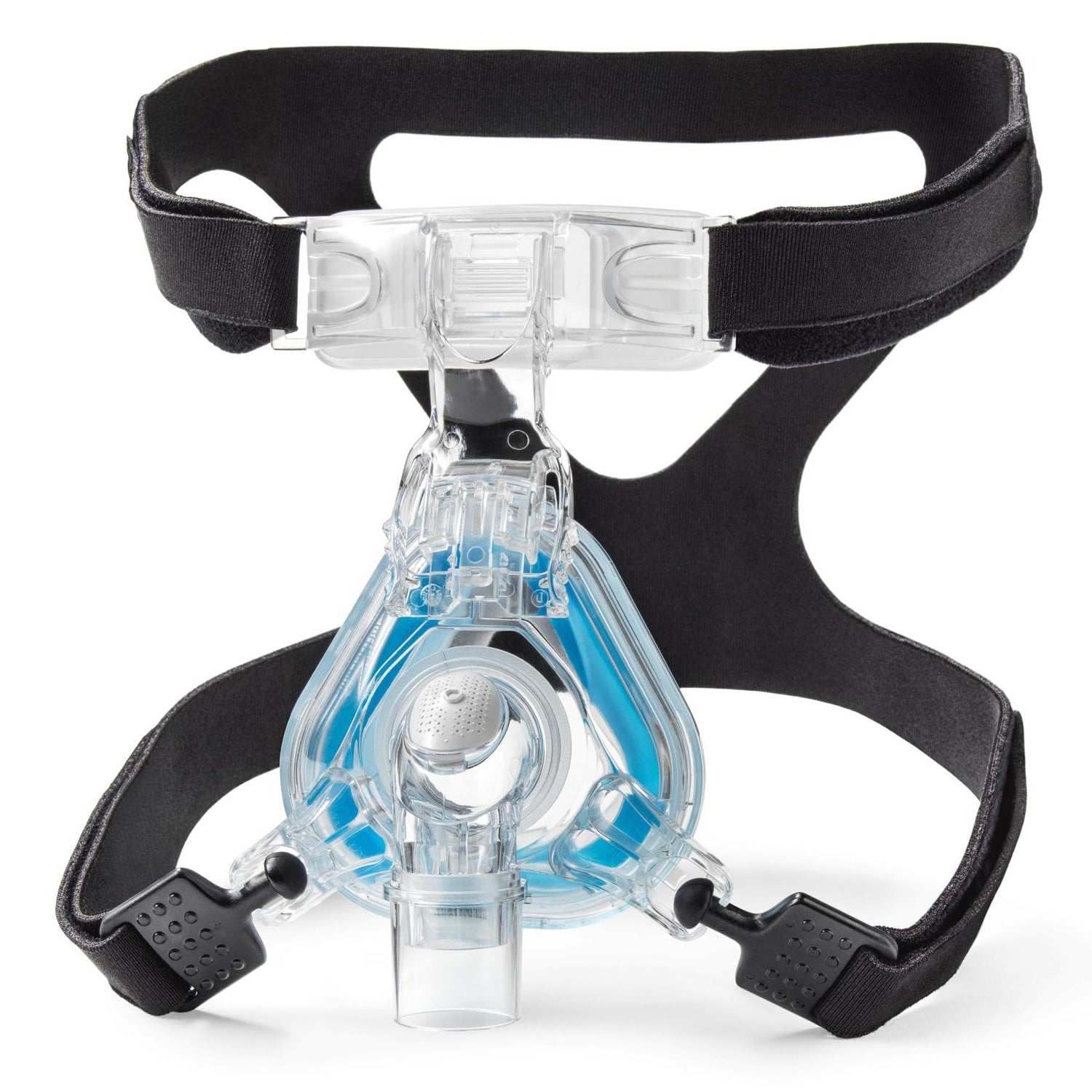 Clear CPAP mask with black straps on a white background