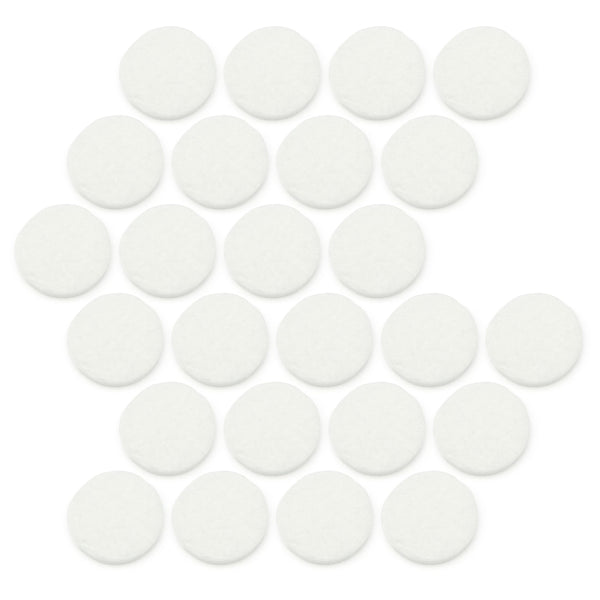 Twenty Five white circular tablets arranged in a pattern on a white background