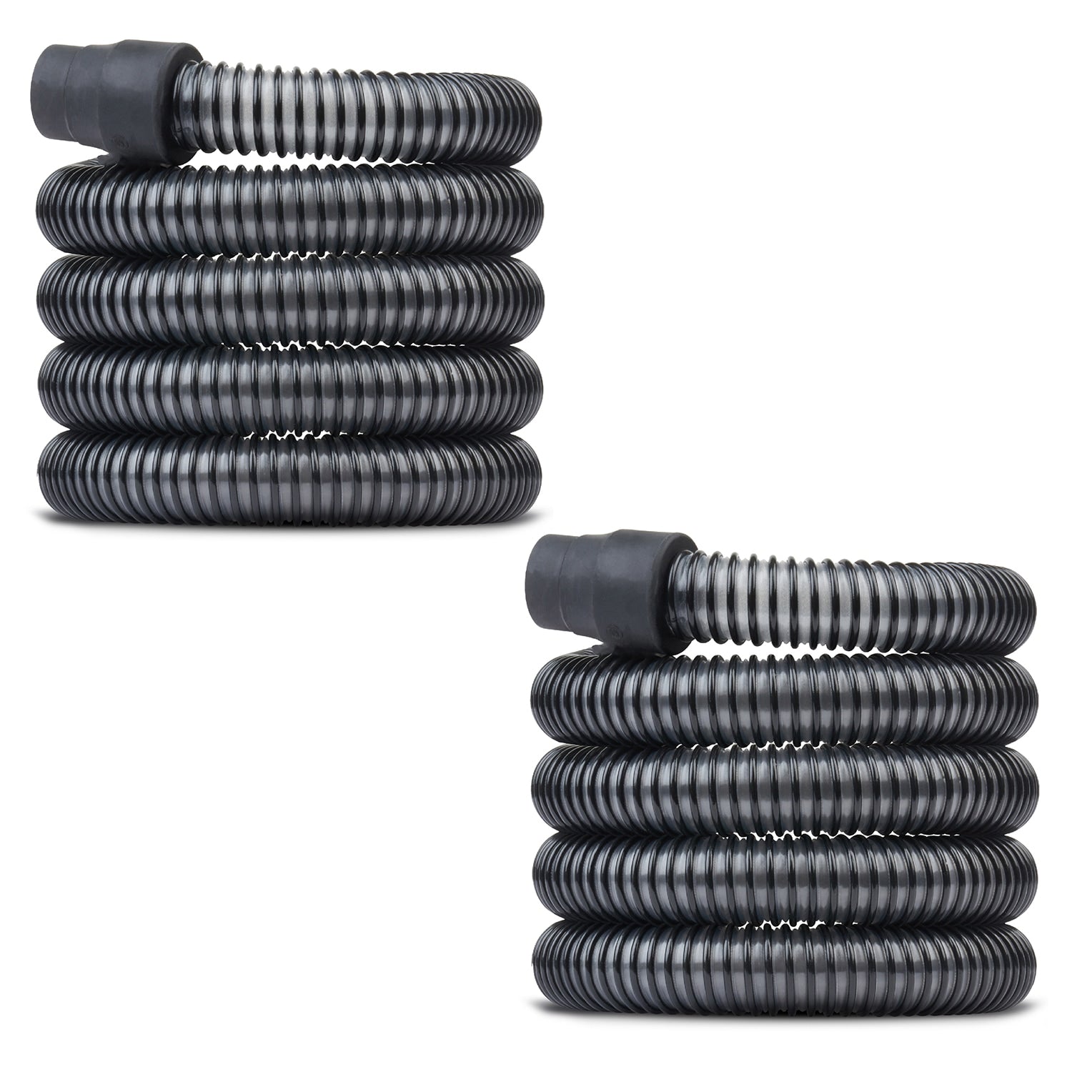 Two coiled black hoses with gray connectors on a white background