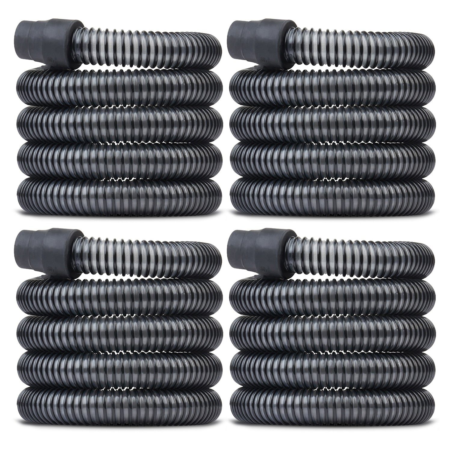 Set of four black corrugated hoses with black connectors on a white background