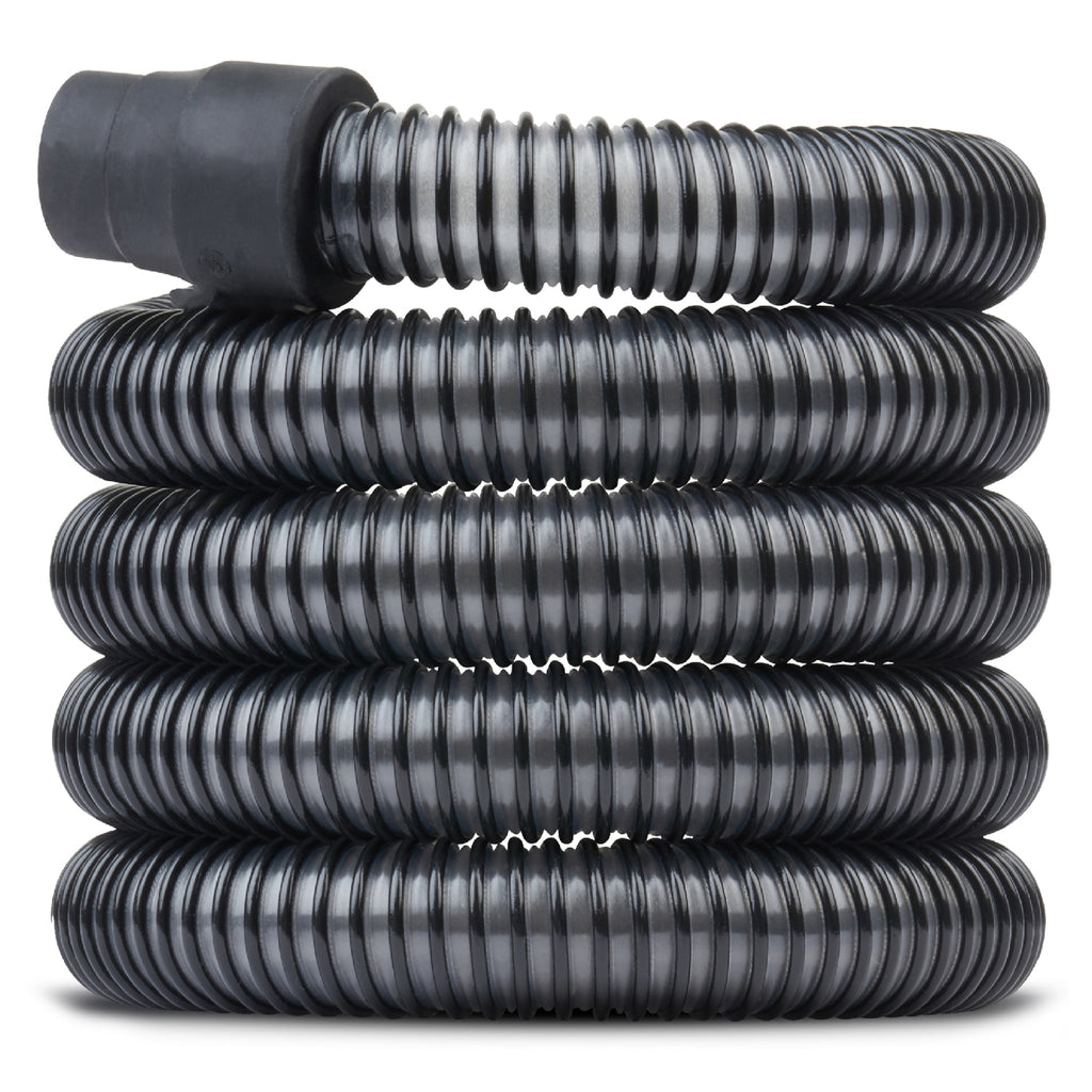 Coiled black hose with a black fitting on a white background