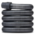 Coiled black hose with a black fitting on a white background
