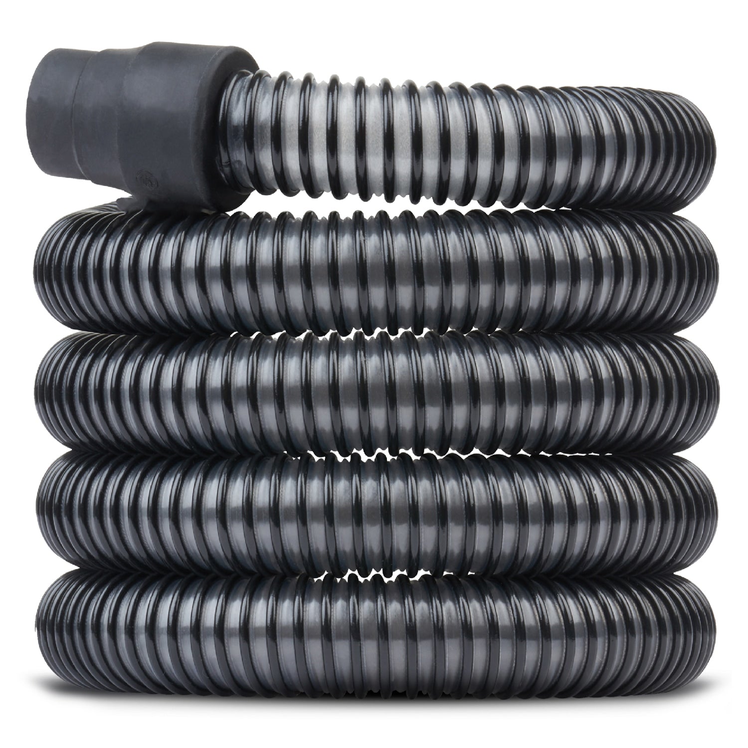 Coiled black hose with a black fitting on a white background