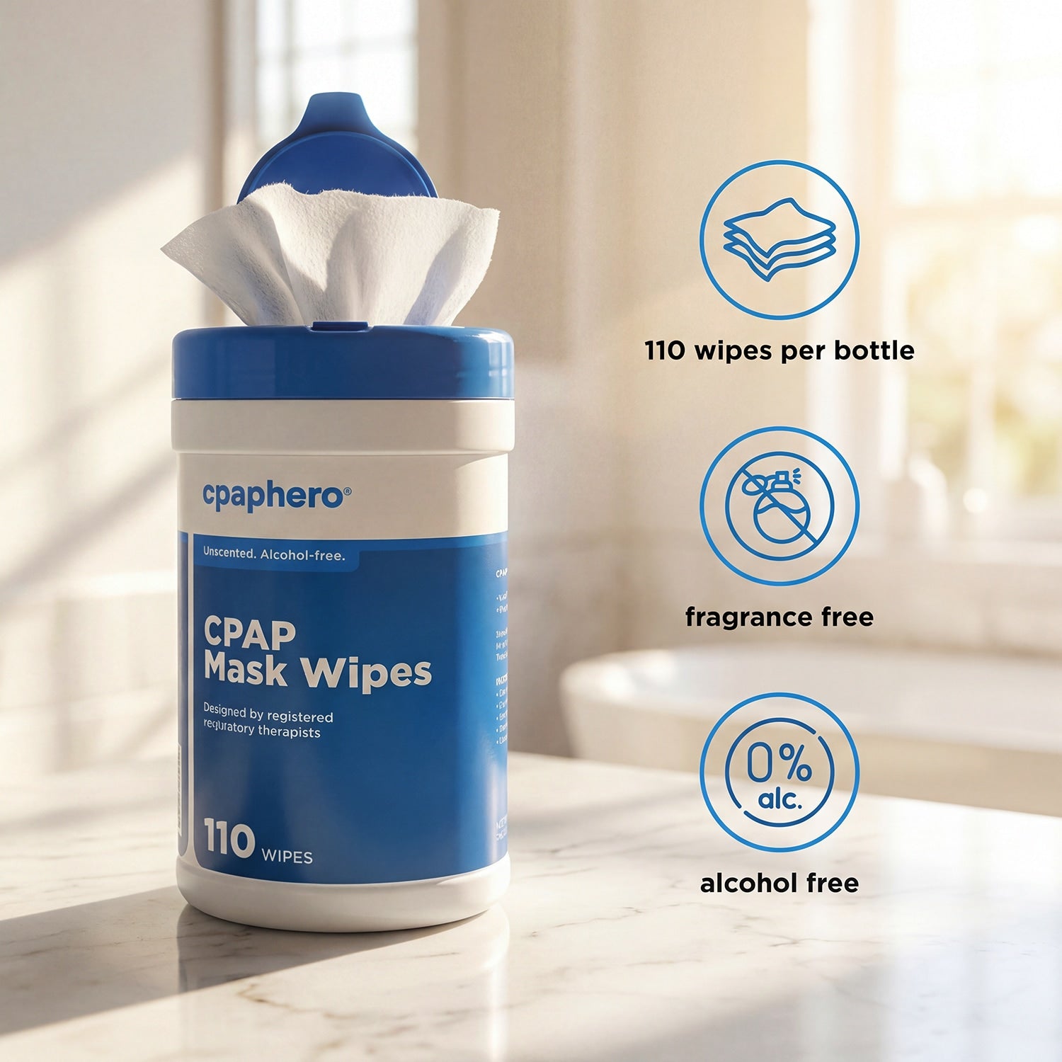 CPAP mask wipes container with product details on a neutral background