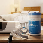 cpaphero CPAP Mask Wipes container with CPAP equipment on a white background