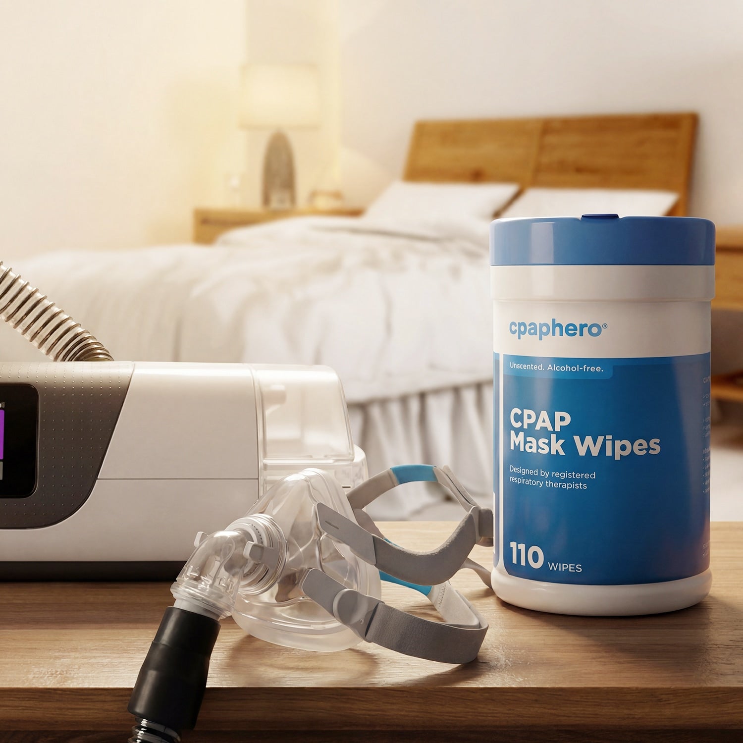 cpaphero CPAP Mask Wipes container with CPAP equipment on a white background