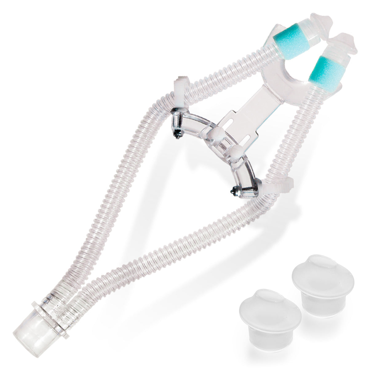 CPAP mask with hose and filters on a white background
