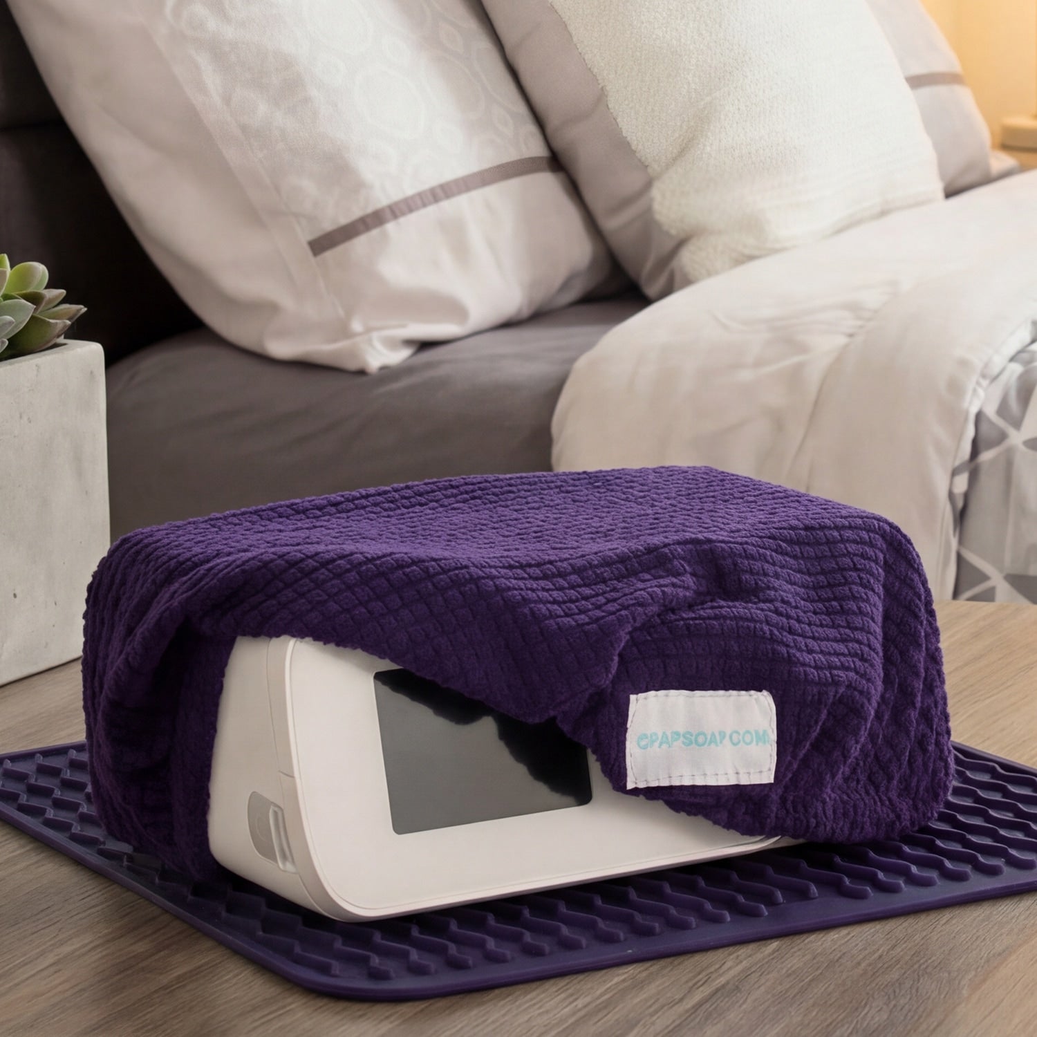 Purple CPAP Soap Dust Cover In Use 