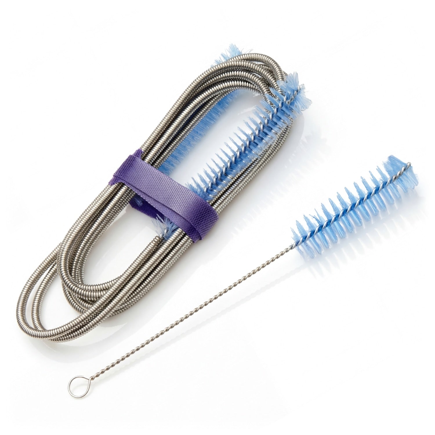 Cleaning brush set with flexible shaft and blue bristle brush on a white background