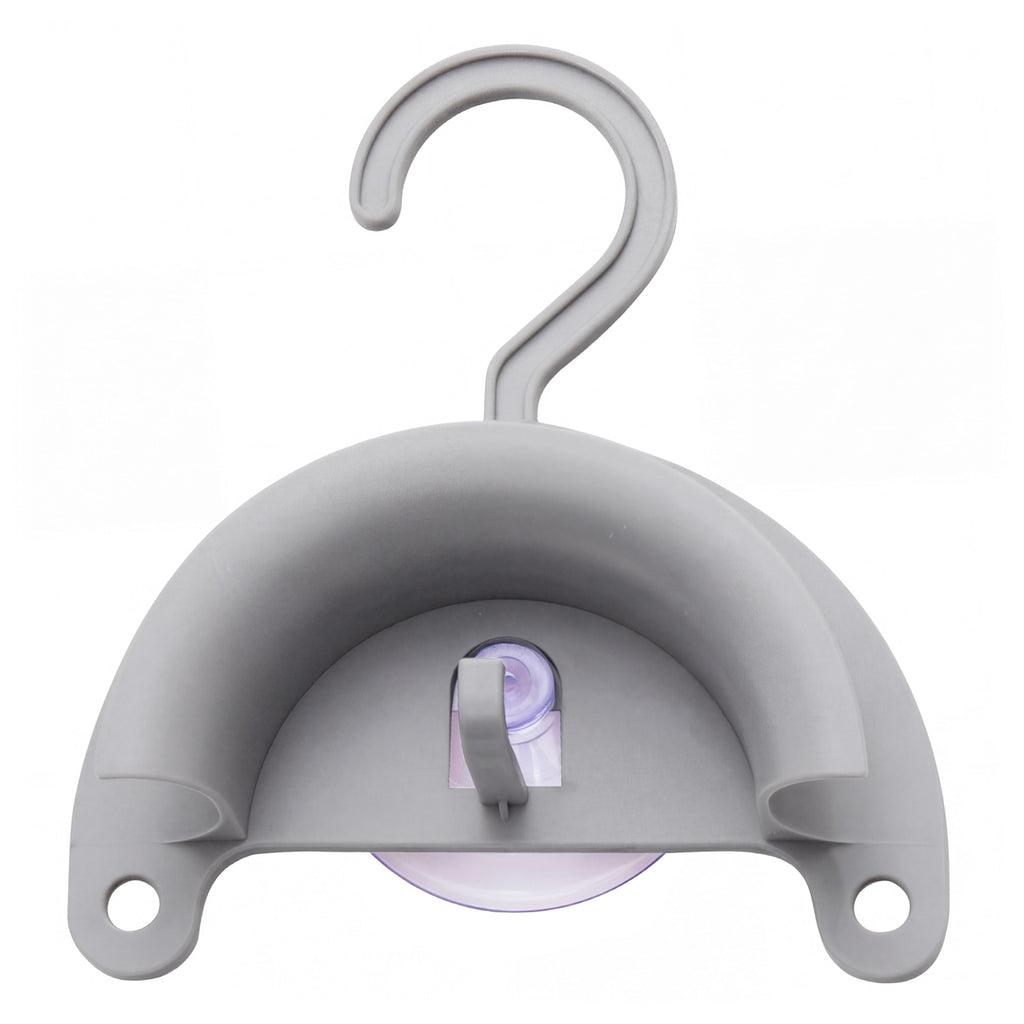 Gray plastic hook with a suction cup on a white background
