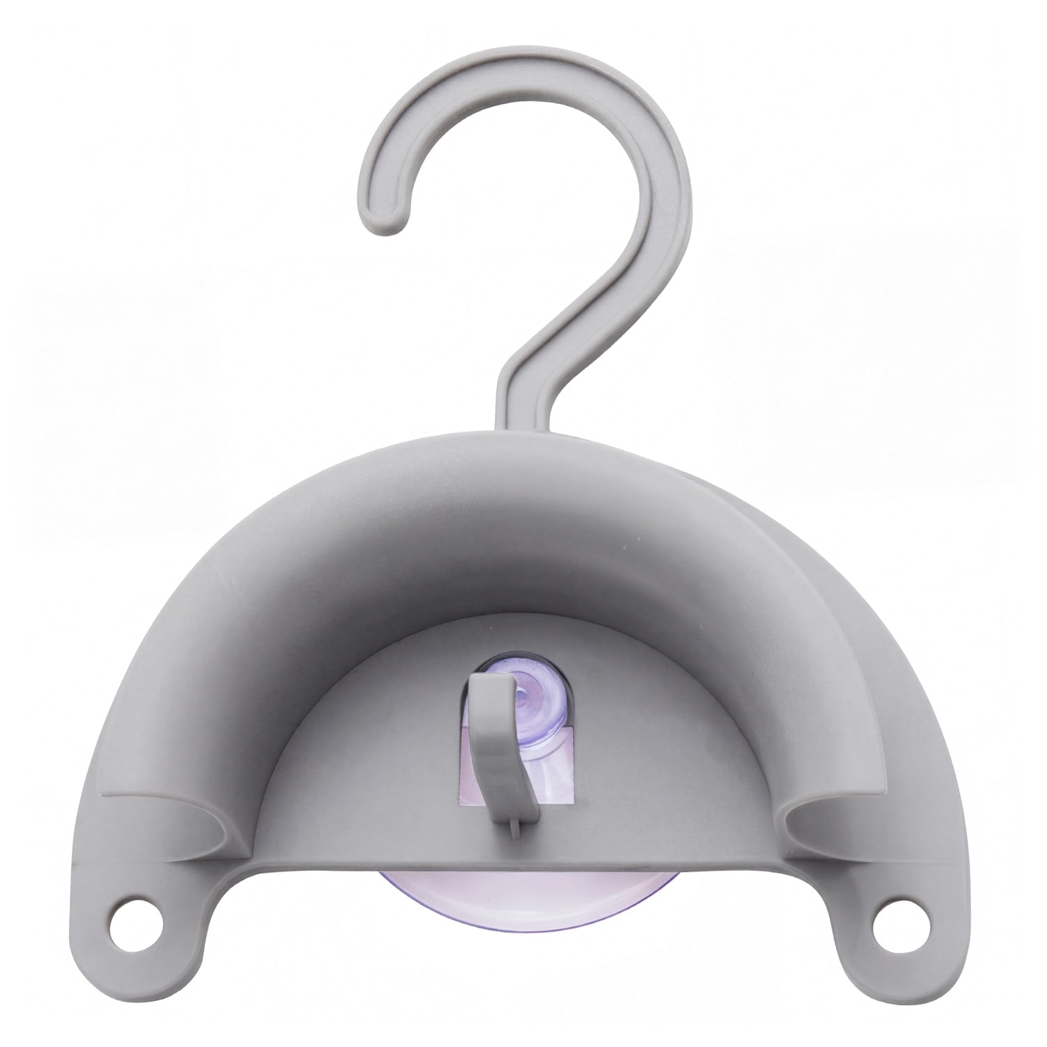 Gray plastic hook with a suction cup on a white background