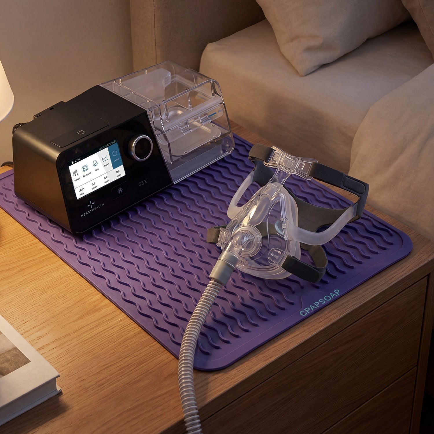 CPAP soap silicone mat in use with CPAP Machine and mask on it 