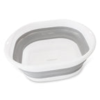 Collapsible white and gray water bowl on a white background