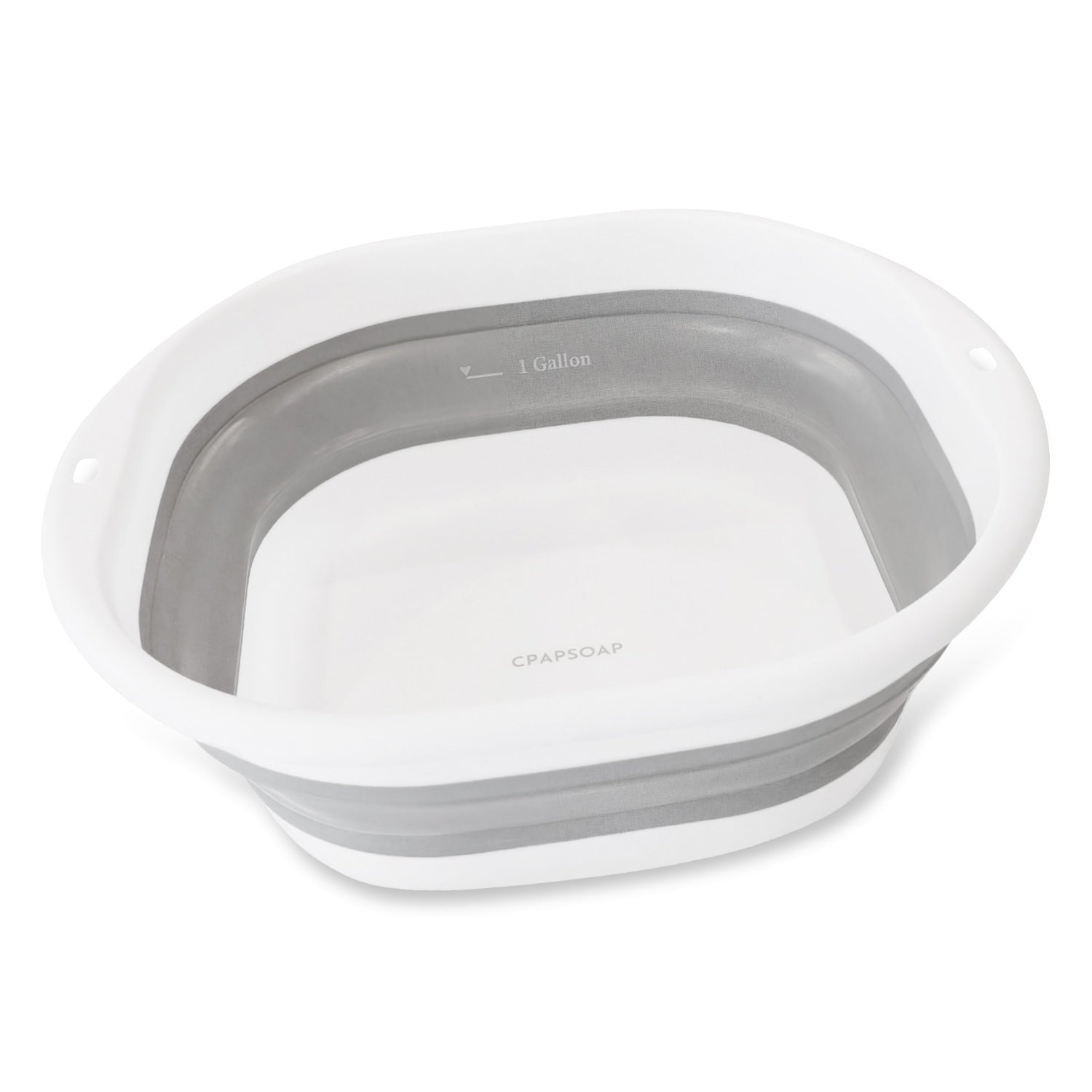 Collapsible white and gray water bowl on a white background