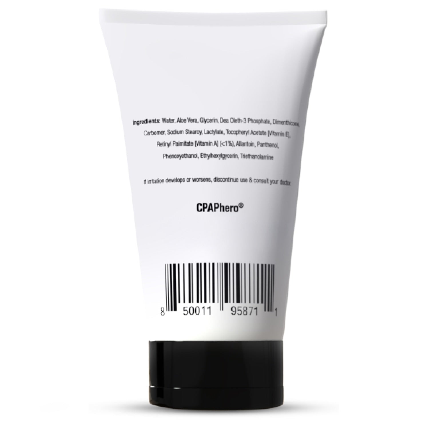 Tube of CPAPhero product with label and barcode on a white background