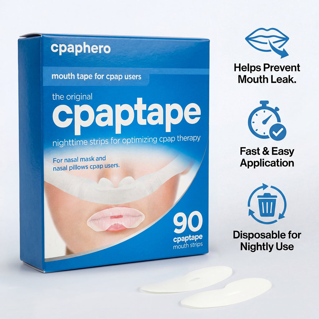 Box of cpaptape with product features on a white background