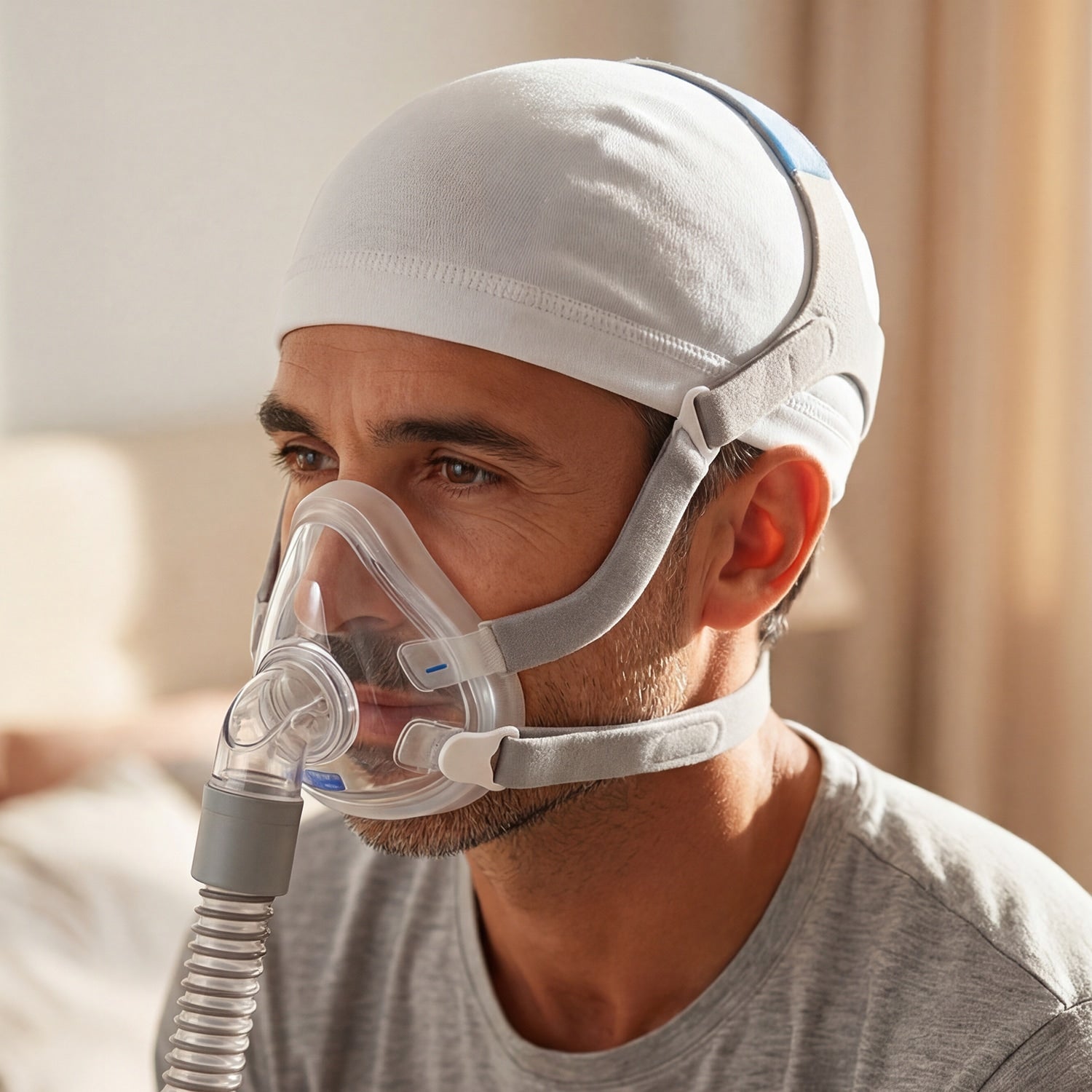 Person wearing a full-face mask and a CPAPhero hat on a white background