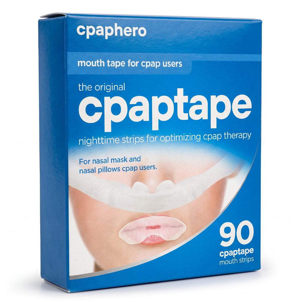 Box of cpaptape mouth tape for cpap users with a blue background