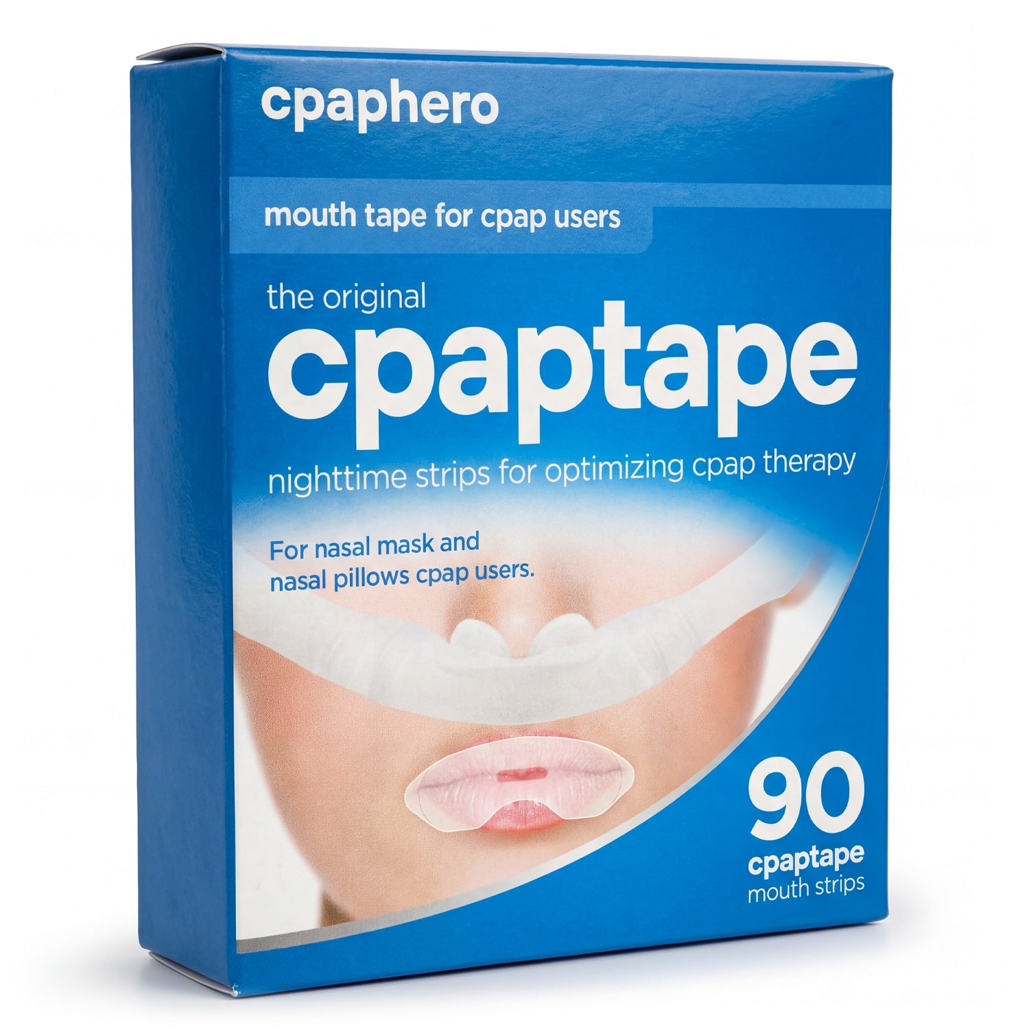 Box of cpaptape mouth tape for cpap users with a blue background