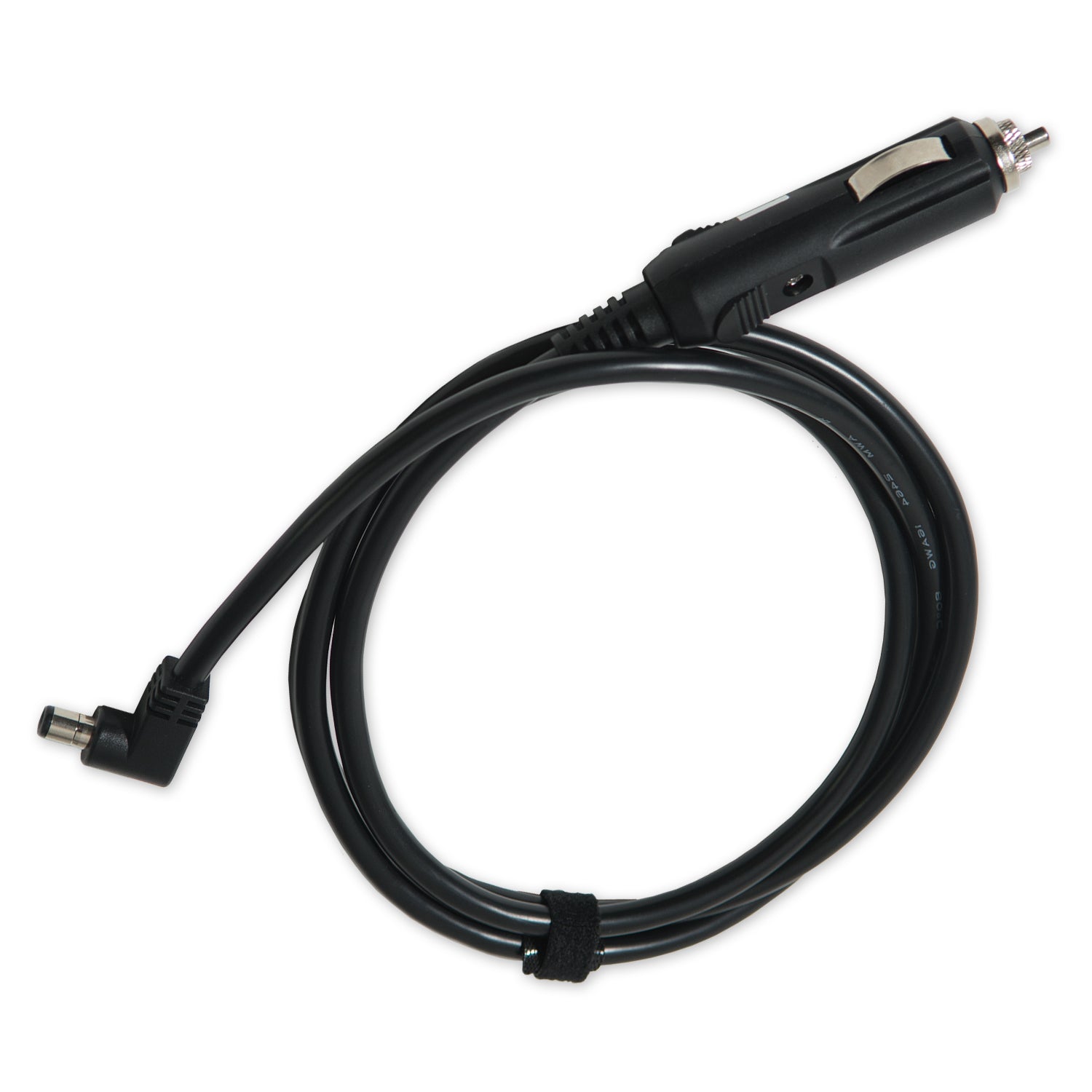 Black DC charger cable on a white background