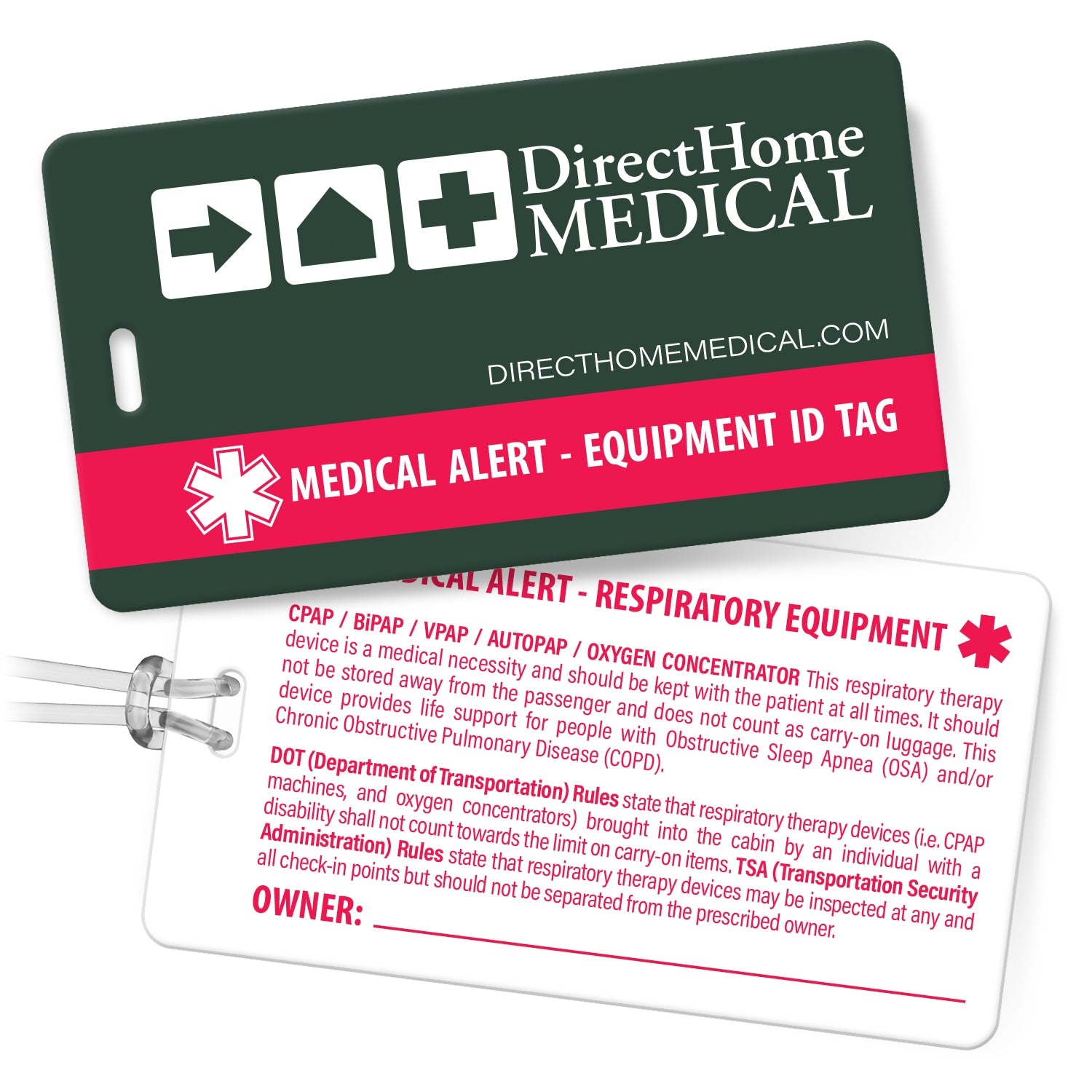 DirectHome Medical equipment ID tag with text and branding