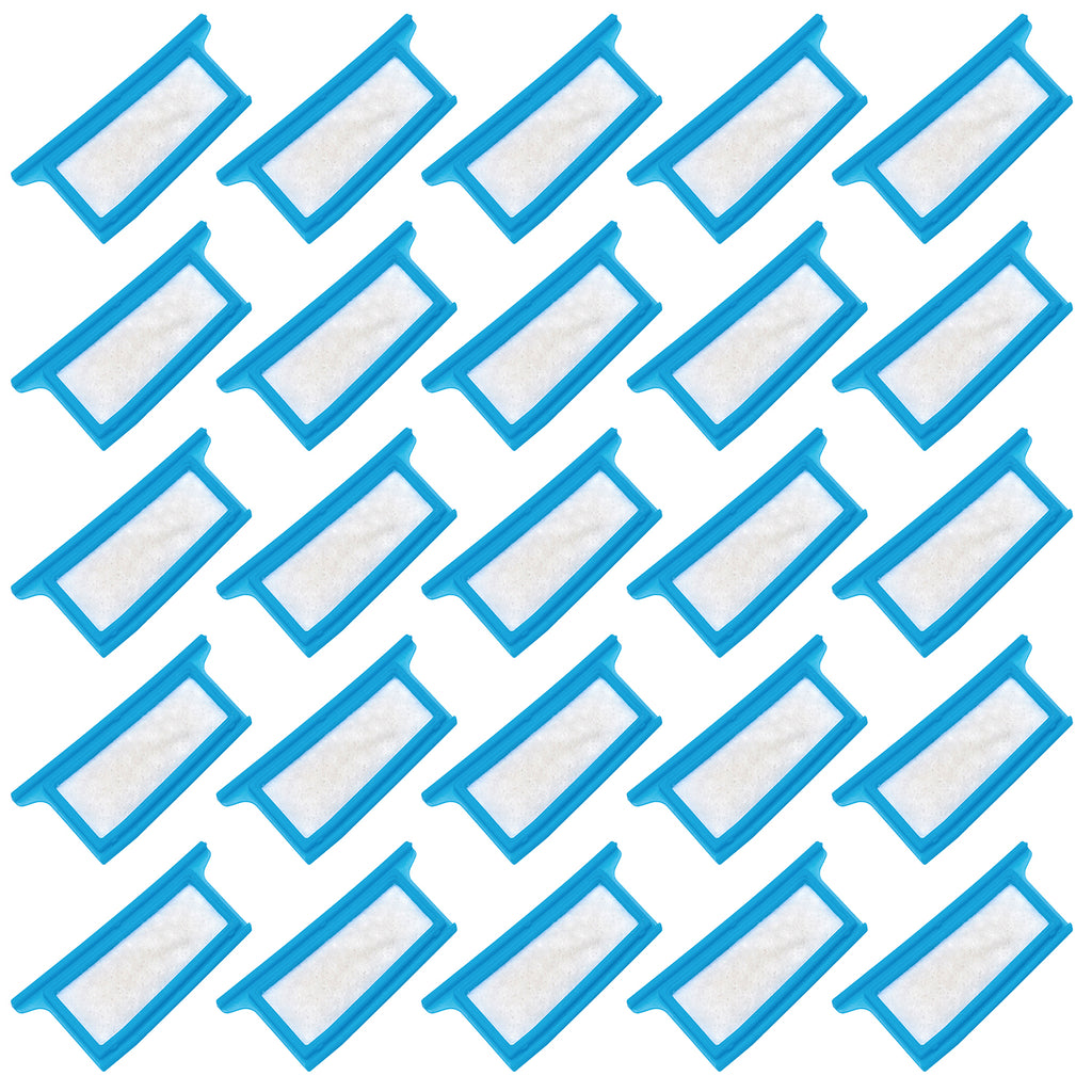Multiple blue and white filters arranged in a grid pattern on a white background