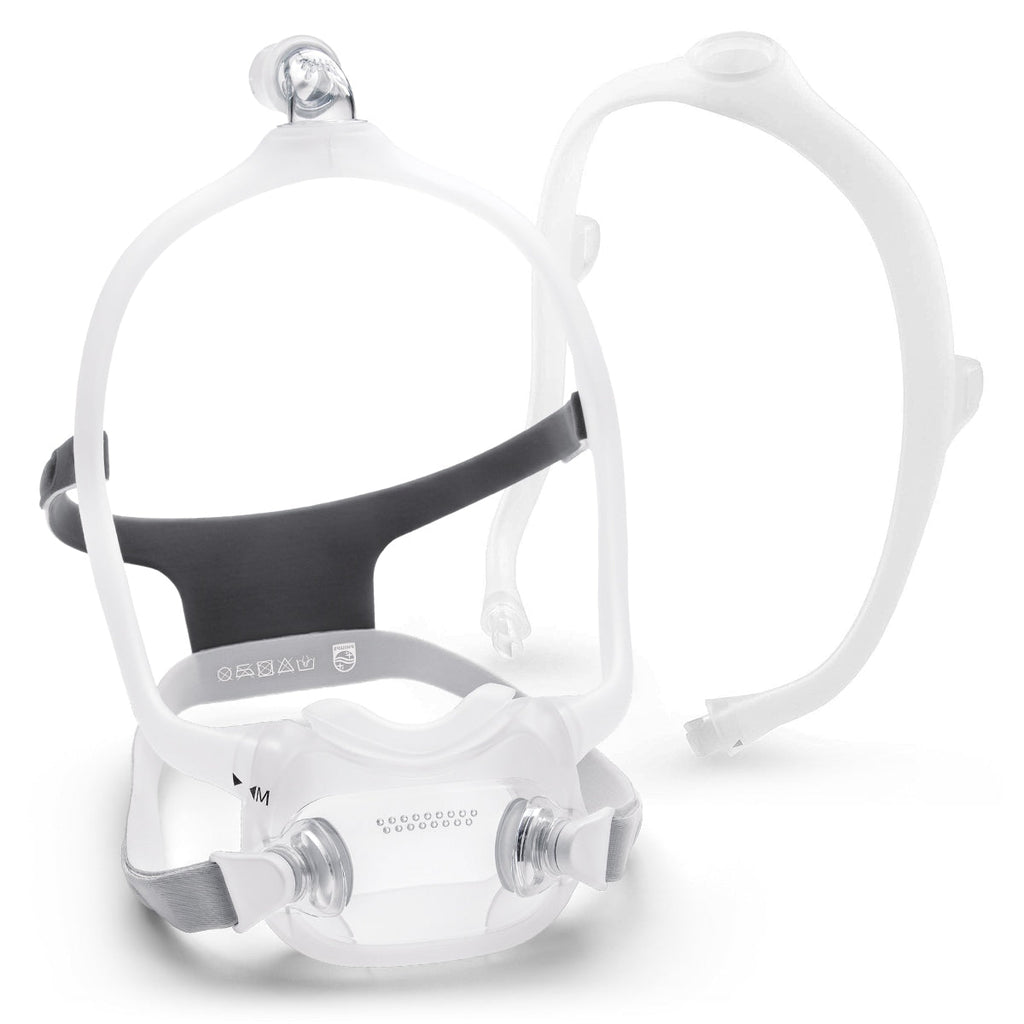 A full face CPAP mask with headgear, predominantly white and transparent, designed for sleep apnea treatments.