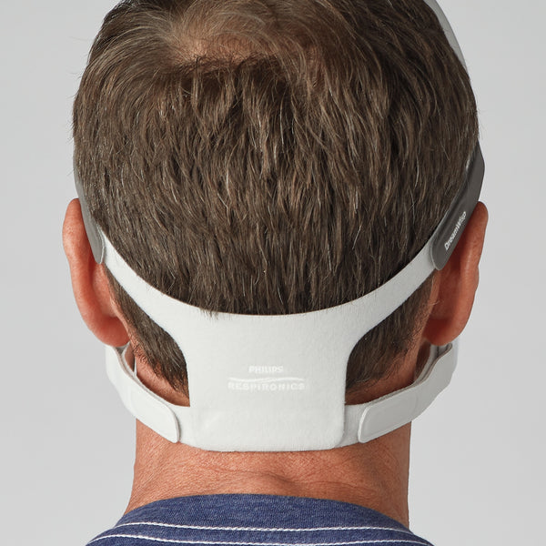 Person wearing a white headgear with a gray strap on a plain background