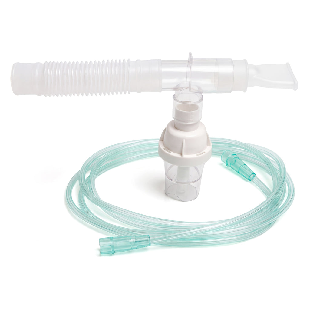 A medical nebulizer set with a clear plastic mouthpiece, corrugated tubing, a central chamber, and a coiled translucent green-tinted tube on a white background.