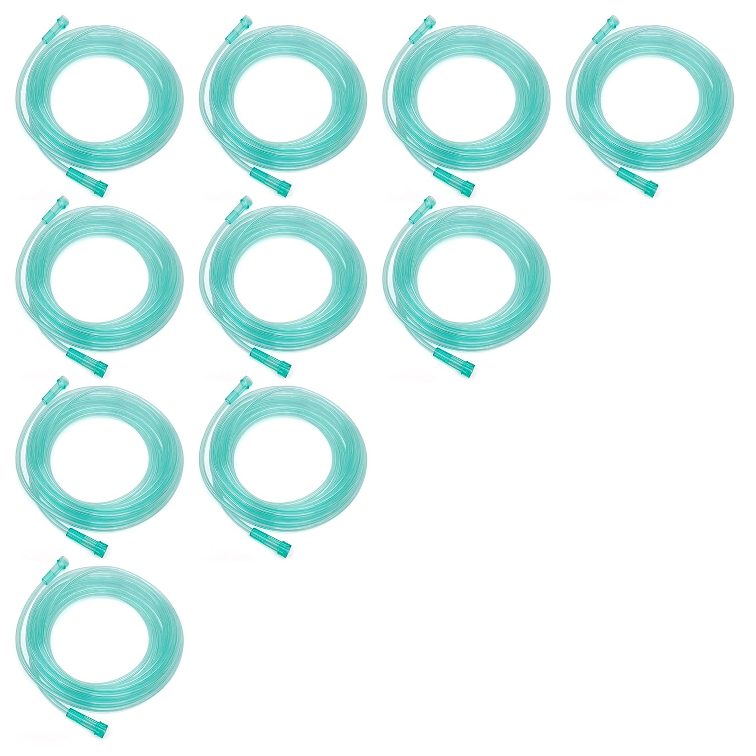 ten coils of green oxygen tubing on a white background