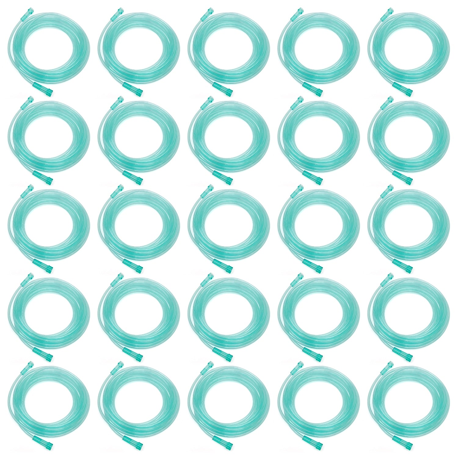twenty five coils of green oxygen tubing on a white background