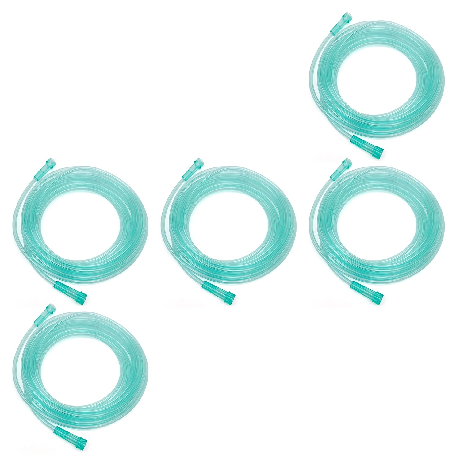 Set of five coiled green tubes on a white background