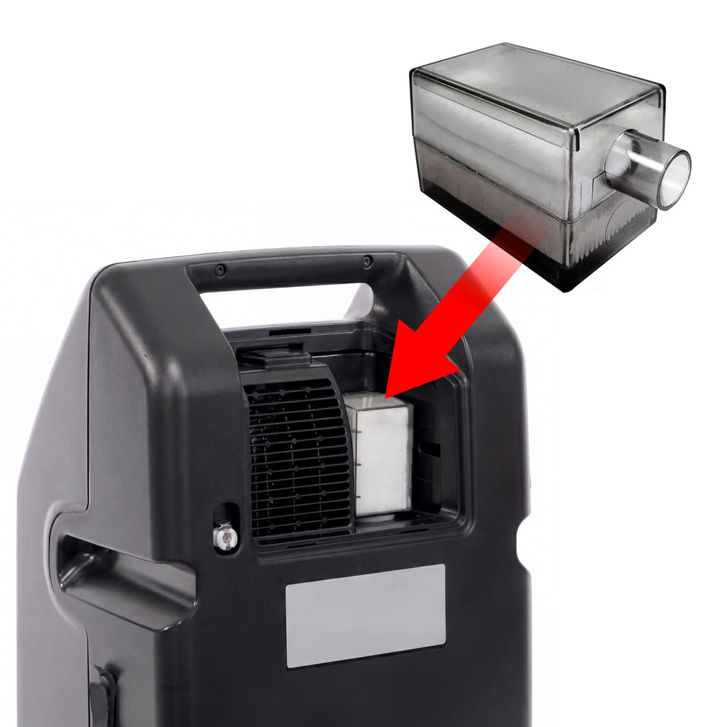 Black Devilbiss oxygen concentrator with a red arrow pointing to a filter component on a white background
